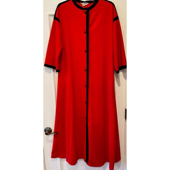 Vintage Vanity Fair Red Mod Fleece Robe Dress with Black Trim Buttons Sml/Med - Picture 1 of 10